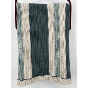 Handmade Crochet Blanket Teal Green Cream Stripe Throw Cottagecore Lapghan 43x39